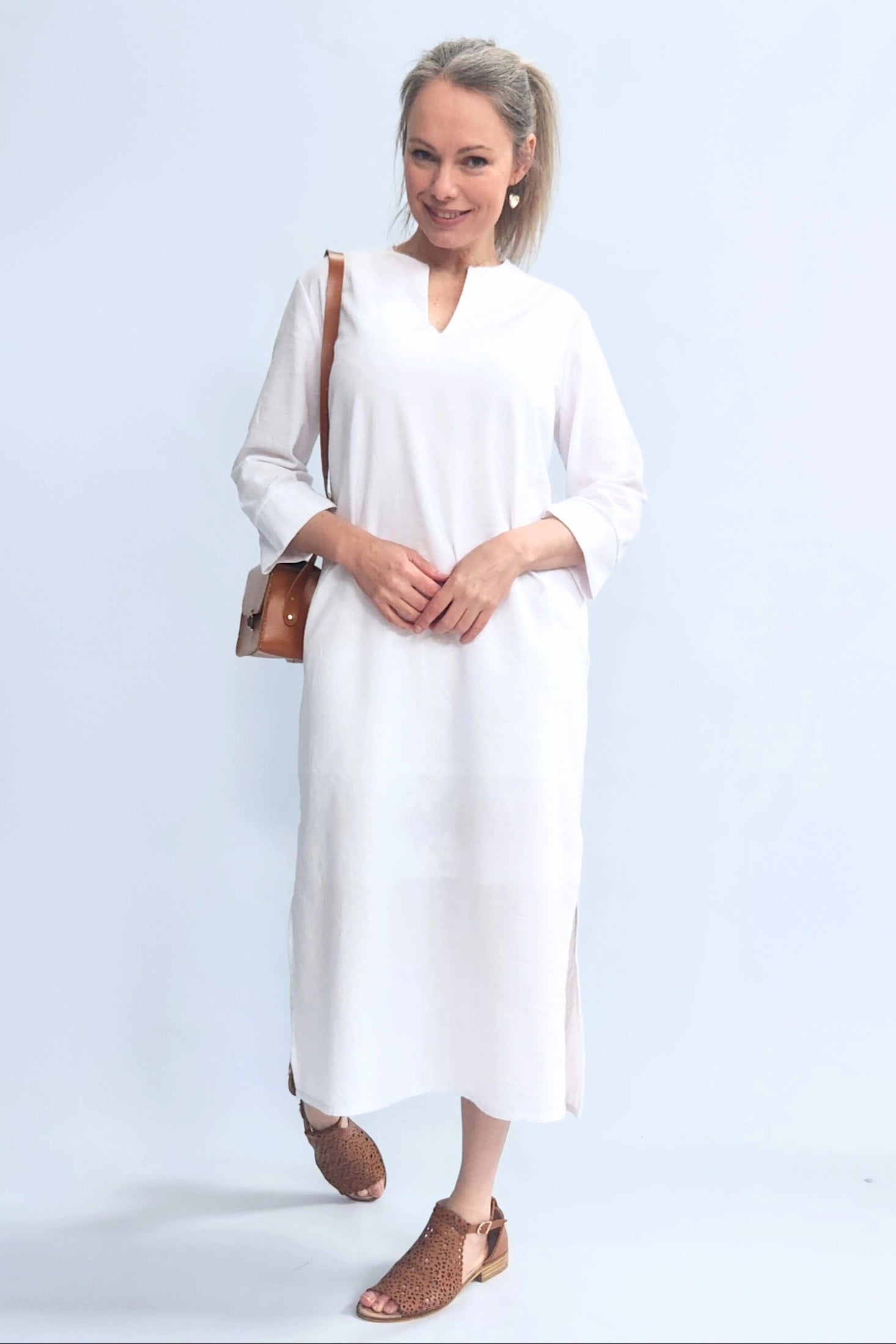 Linen Blend Shift Dress White