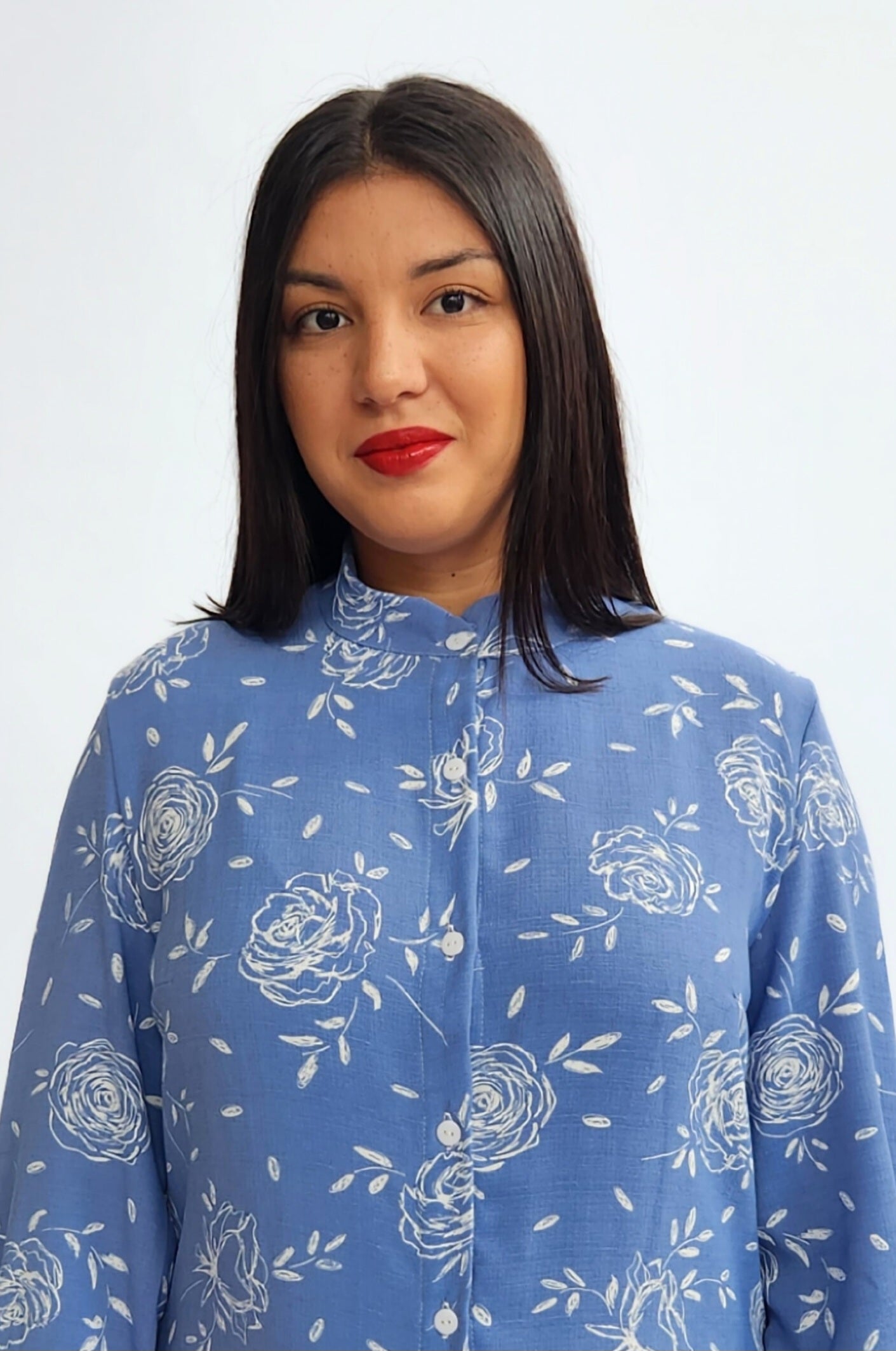 Linen Blend Shirt Dress - Blue floral