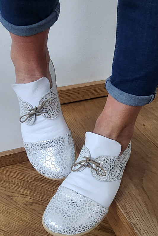 Barefoot Leather Shoe - White and silver leopard print