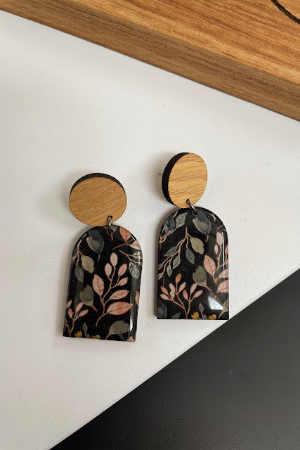 Resin Earrings  - Black floral