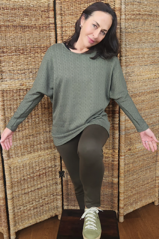 Cable Knit Batwing Top - Olive