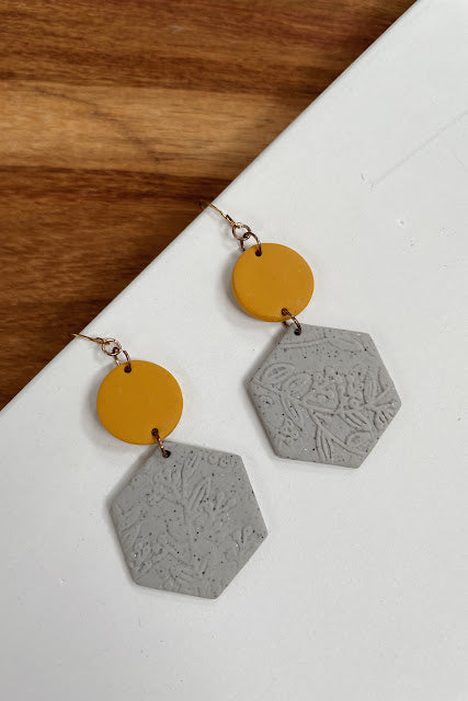 Polymer Clay Earrings - Mustard and grey