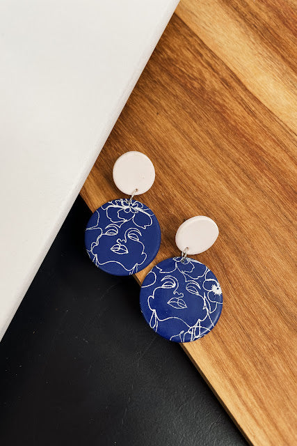 Polymer Clay Earrings - Blue and white face print