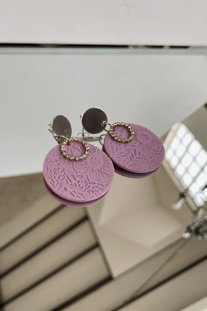 Polymer Clay Earrings - Pink/ purple circle with silver rings